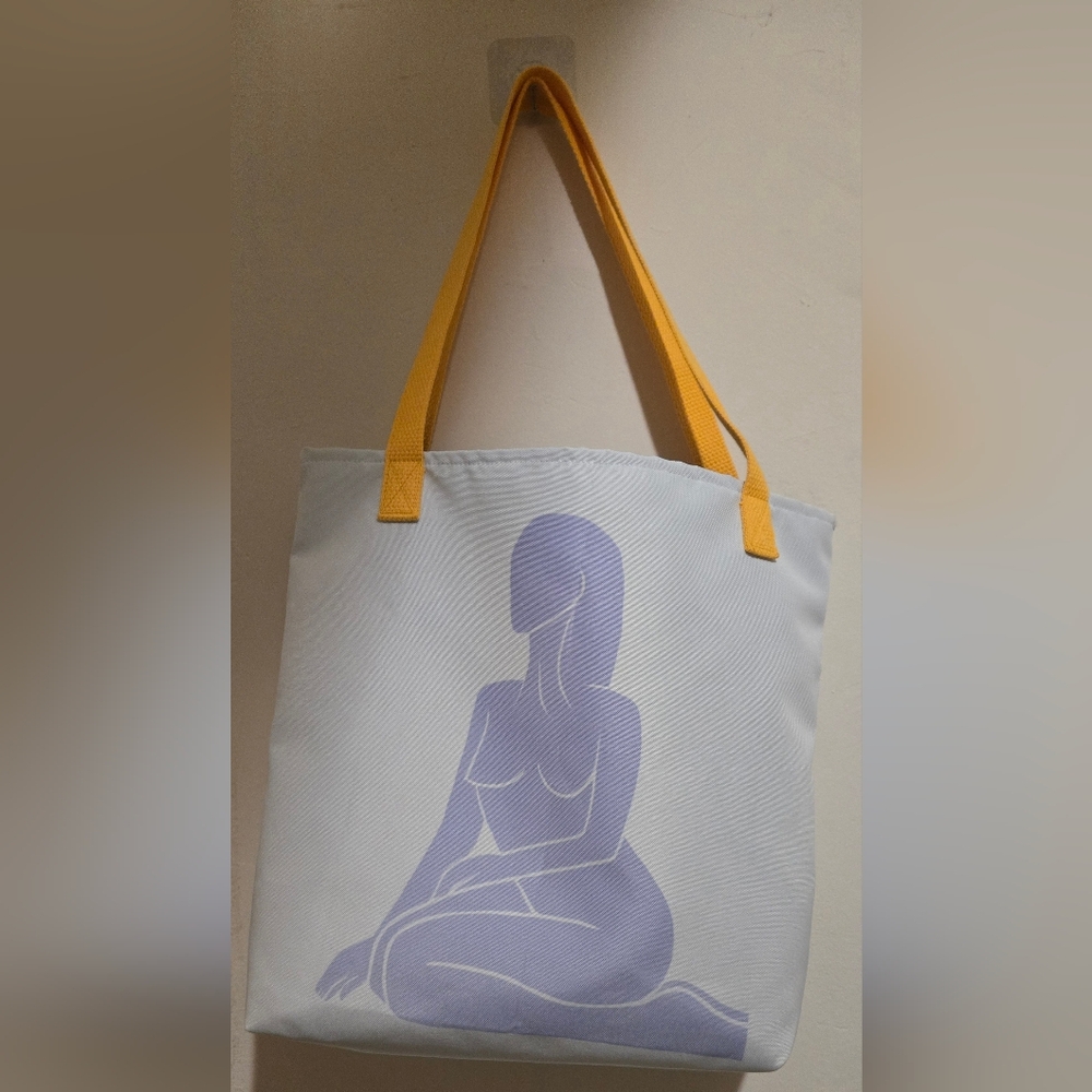 Tote Bag With Light Purple Woman Handpainted  Artist with Dark Yellow Straps.